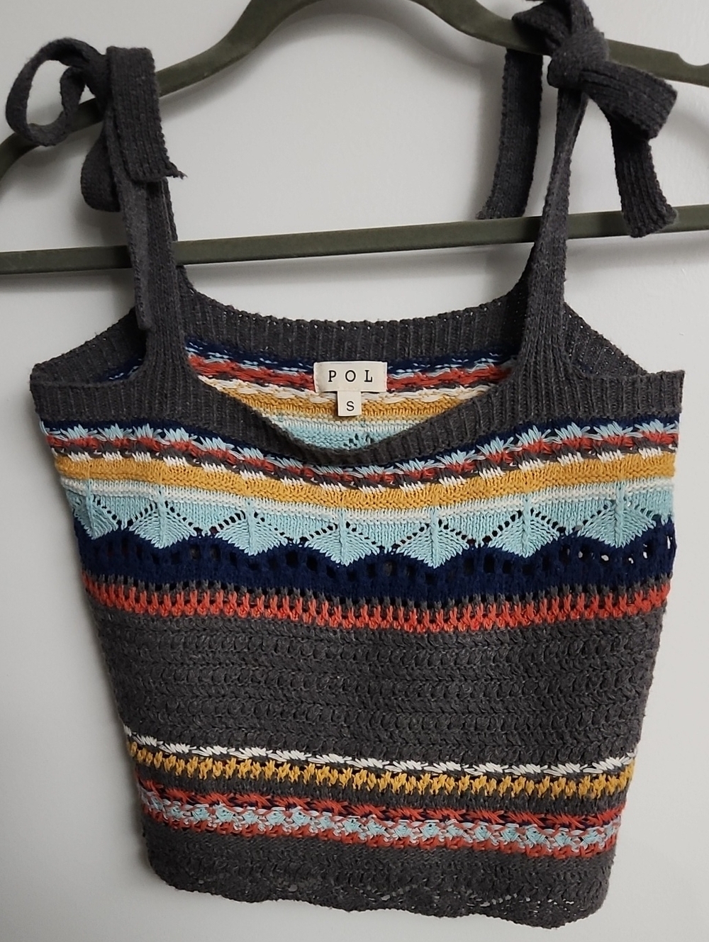 POL Multicolor Striped Crocheted Knit Tank Top in Charcoal
